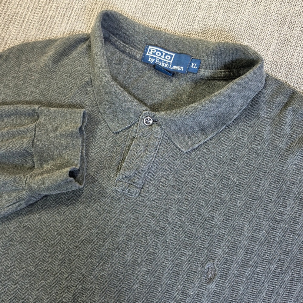 Polo Ralph Lauren Polo Shirt Mens XL Grey Herringbone L/S Cotton Classic